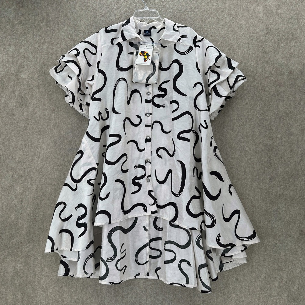 NWT White Black Abstract Bubble Ruffle Sleeve High Low Tunic Dress Shimmery OSFM